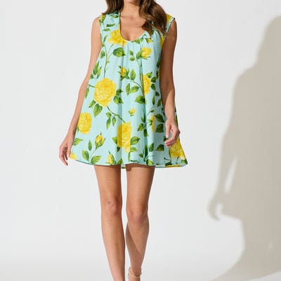 Lemon Drop Dress in Blue with Lemon Yellow Floral Cotton -