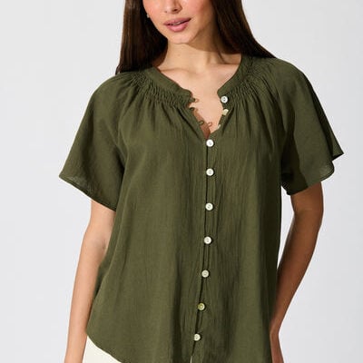 Lombard Top in Khaki Cotton Linen -
