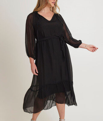Long Sleeve Silk Frill Tied Neck Dress--LST-LSD22-127
