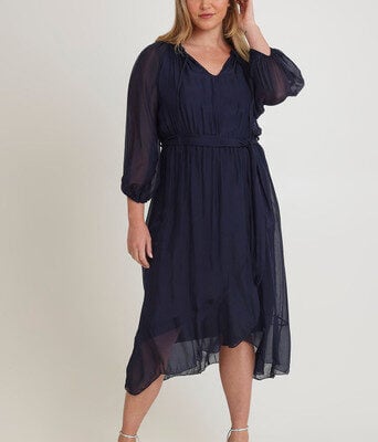 Long Sleeve Silk Frill Tied Neck Knee Length Dress--LST-LSD23-212