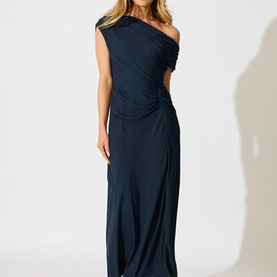Marielle Off Shoulder Maxi Dress in Navy Chiffon -