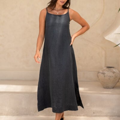 Peony Linen Dress Charcoal