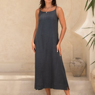 Peony Linen Dress Charcoal
