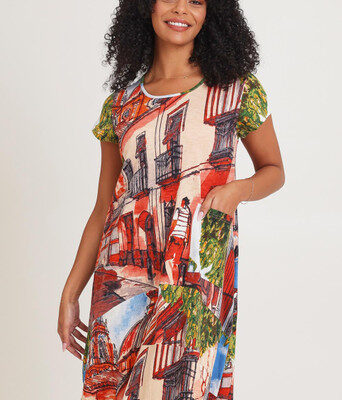 Printed Cotton Crew Flair Shift Dress--ORI-20152TP