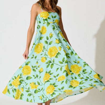 Ruthie Maxi Sundress in Blue with Lemon Yellow Floral Cotton -