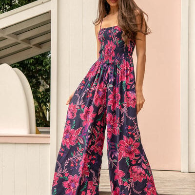 Sumire Jumpsuit in Navy with Pink Floral -