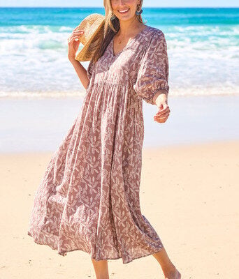 Summer Picnic Printed Cotton Smock Dress--BOHO-1429-1