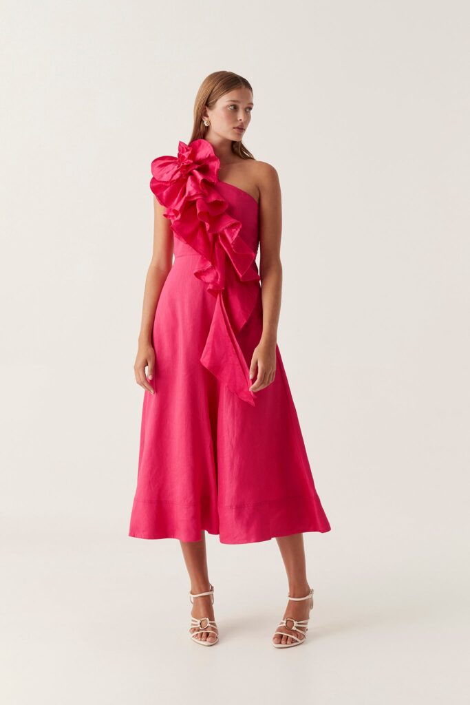 Aje Adelia Ruffle Midi Dress — BOUGAINVILLEA RED