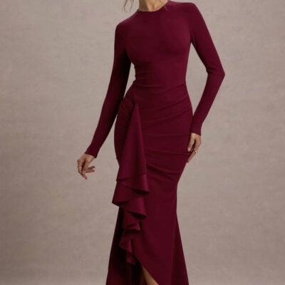 Alayna | Berry Long-Sleeve Maxi Dress With Ruffled Split