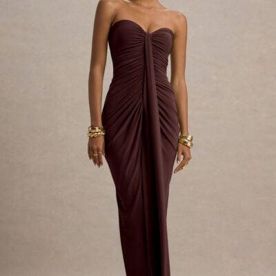 Ali | Warm Brown Sweetheart Ruched Wrap Maxi Dress