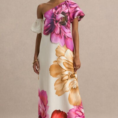Anastasia | Large Multi-Floral Print Asymmetric-Neck Maxi Dress