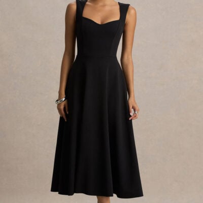 Andromeda | Black Sweetheart-Neck Midi Dress