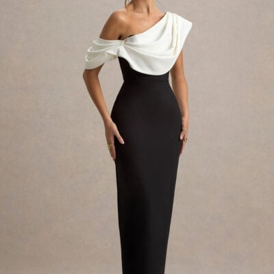 Angelina | Black & White Draped Shoulder Maxi Dress