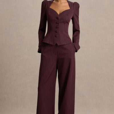 Asteria | Burgundy Pinstripe Wide-Leg Trousers