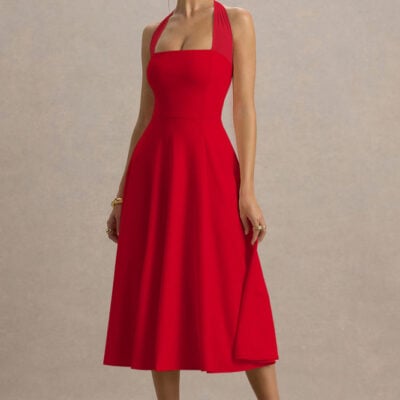 Auburn | Red Halter Skater Midi Dress