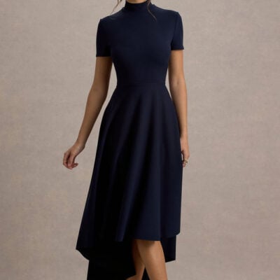 Bellona | Navy High-Neck High-Low Midi Dress