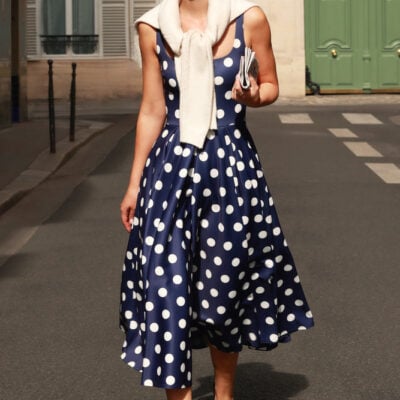 Berta | Navy And White Polka-Dot Square-Neck Midi Dress