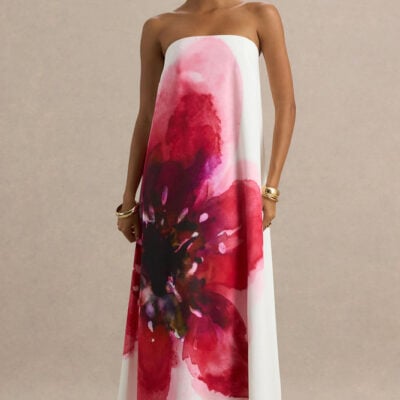 Breonna | Bright Pink Floral Placement Print Bandeau Maxi Dress