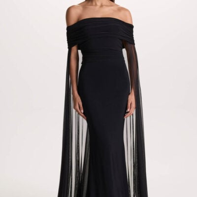 Carlotta | Black Bardot Maxi Dress With Chiffon Cape