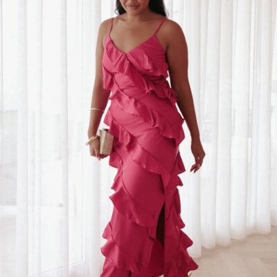 Ciao Ruffles Maxi Satin Dress - Fuchsia