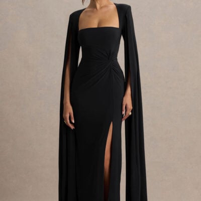Claretta | Black Square Neck Twisted Maxi Dress With Cape Sleeves