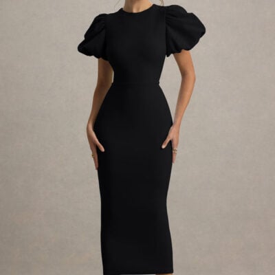 Dakota | Black Puff-Sleeve Midi Dress