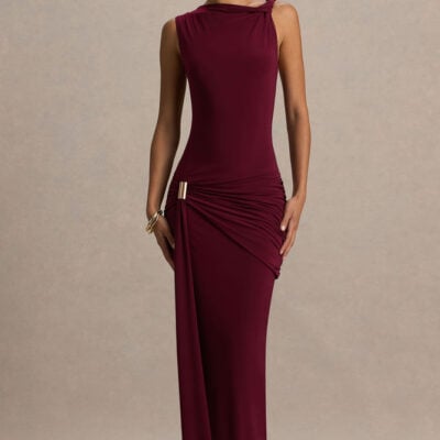 Decadence | Burgundy High-Neck Wrapped Maxi Dress With Twist-Sleeve