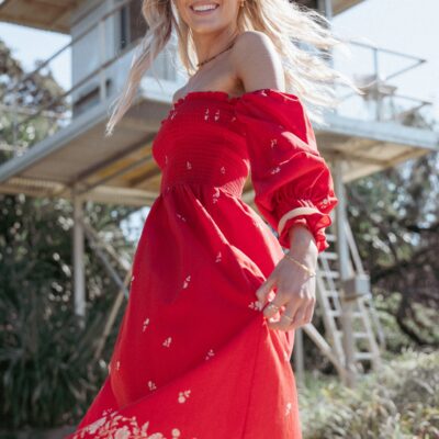 Domenica Shirred Long Sleeve Midi Dress - Red Floral Bandana