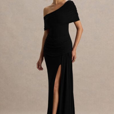 Dynasty | Black Asymmetric-Neck Maxi Dress With Ruched Detailing And Front High-Split