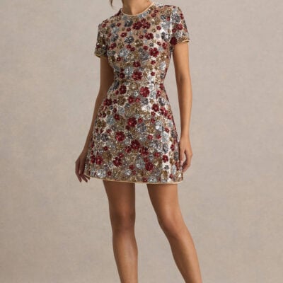 Eira | Red Floral Embellished Sequin Crew-Neck Mini Dress