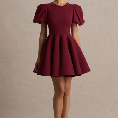 Emelia | Burgundy Puff-Sleeve Skater Mini Dress