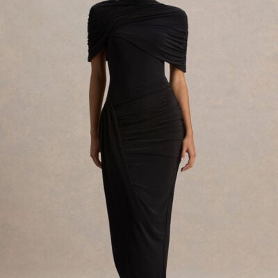 Enchant | Black Asymmetric Twisted Cape Midi Dress