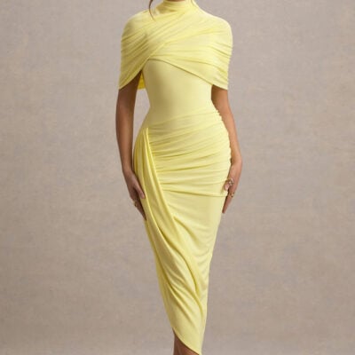 Enchant | Lemon Asymmetric Twisted Cape Midi Dress