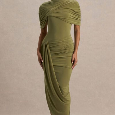 Enchant | Olive Asymmetric Twisted Cape Midi Dress