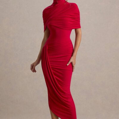 Enchant | Red Asymmetric Twisted Cape Midi Dress