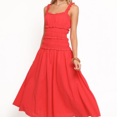 Enola Gather Midi Dress - Red