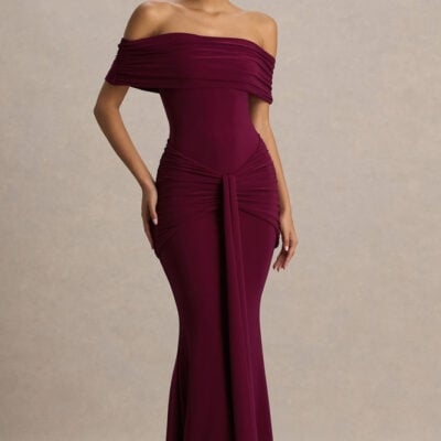 Envisioned | Burgundy Bardot-Neck Maxi Dress With Gathered And Drape Detail