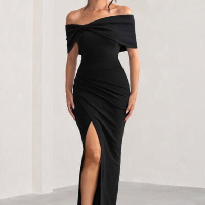 Eva | Black Bardot Bow Detail Maxi Dress With Thigh Split