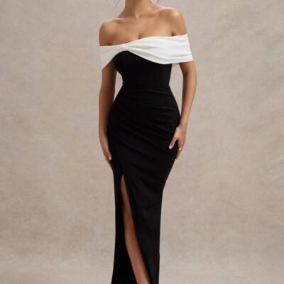 Eva | Black & White Bardot Bow Detail Maxi Dress With Thigh Split