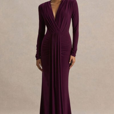 Flashy | Burgundy Plunge-Neck Maxi Dress With Ruched Detailing