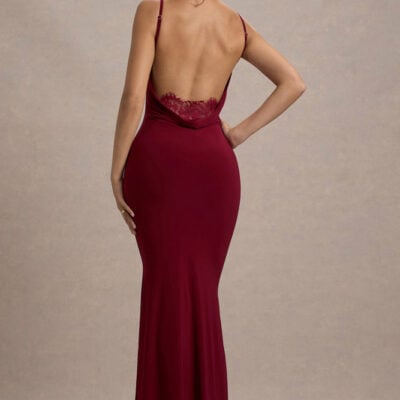 Francoise | Berry Cowl Neck Backless Maxi Dress With Lace Insert