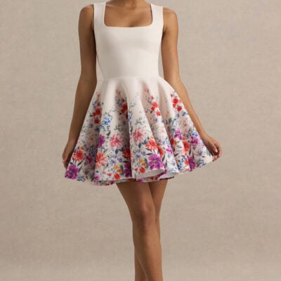 Gemstone | Light Pink Floral Print Square-Neck Skater Mini Dress