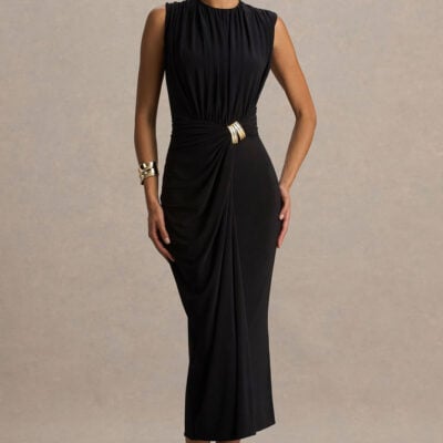 Harlow | Black Crew-Neck Wrapped Midi Dress