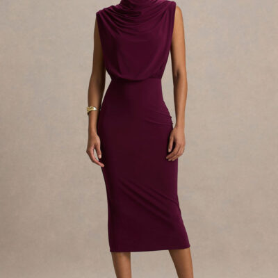 Hermia | Burgundy High-Neck Midi Dress