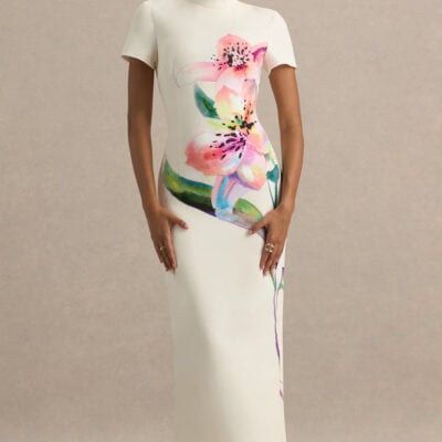 Hessie | White Lily Print High-Neck Maxi Dress