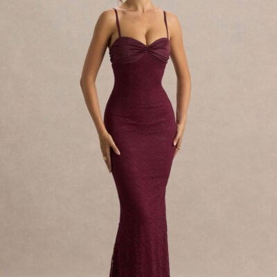 Juana | Burgundy Lace And Satin Sweetheart-Neck Satin Maxi Dress