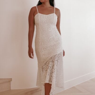 Lorde Midi Dress - White Lace Sequin