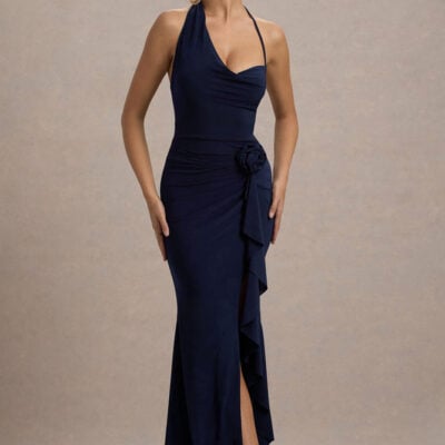 Lucena | Navy Cowl-Neck Wrap Maxi Dress With Floral Drape