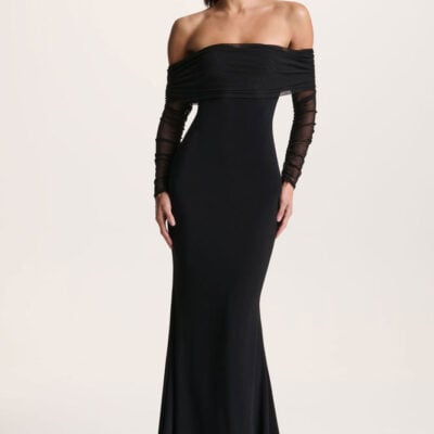 Madeleine | Black Fishtail Maxi Dress With Bardot Mesh Long Sleeves