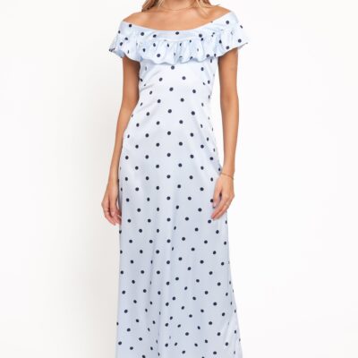 Manaris Off Shoulder Maxi Dress - Blue Polka Dot